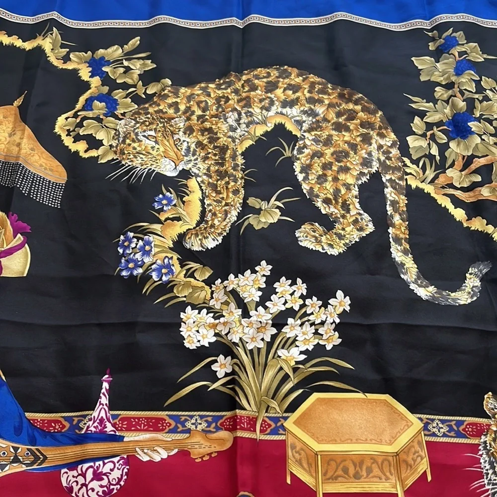 SALVATORE FERRAGAMO VINTAGE Silk Scarf Tigers Chinoiserie Asian Designer WOW!